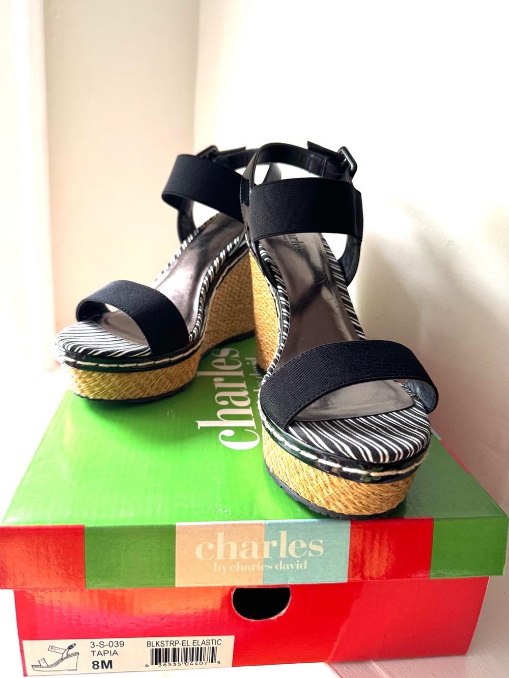 Charles By Charles David Black Elastic Strap Espadrille Wedges